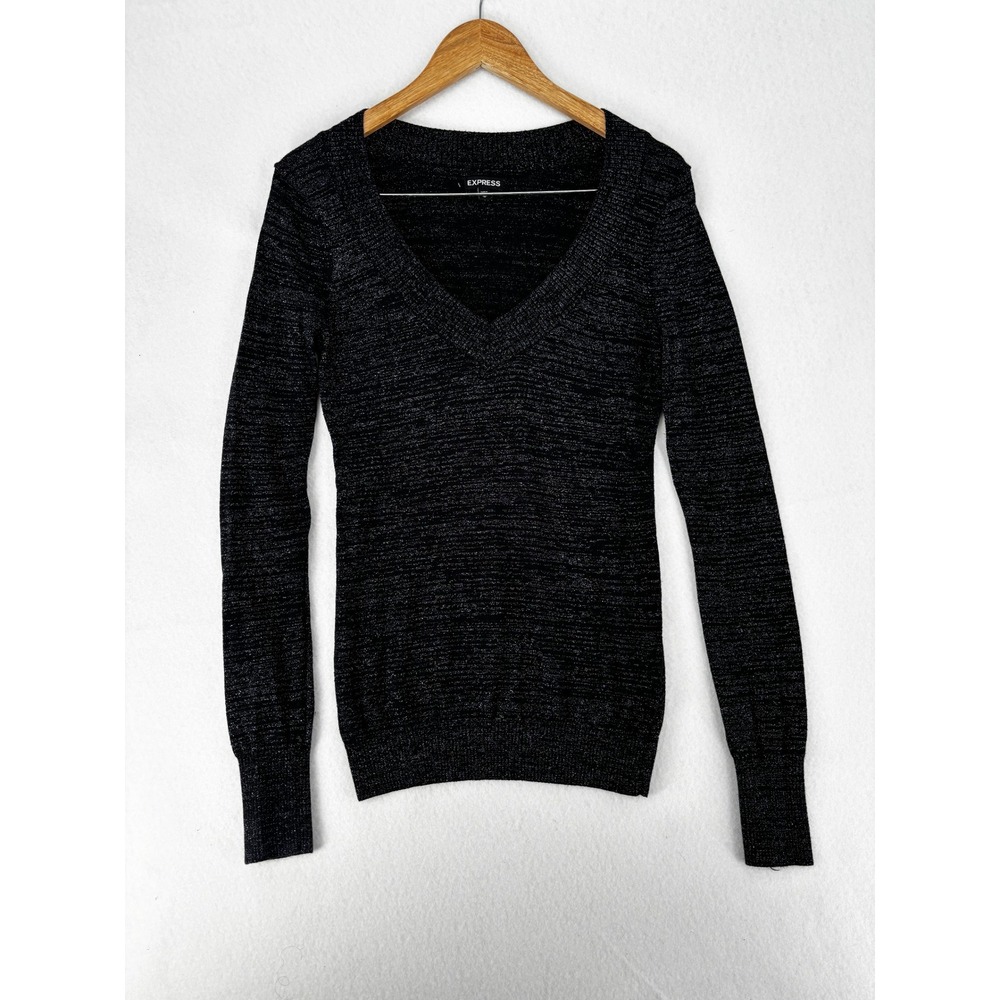 Express sweater women Size M black metallic V-neck long sleeve‎ shimmer knit